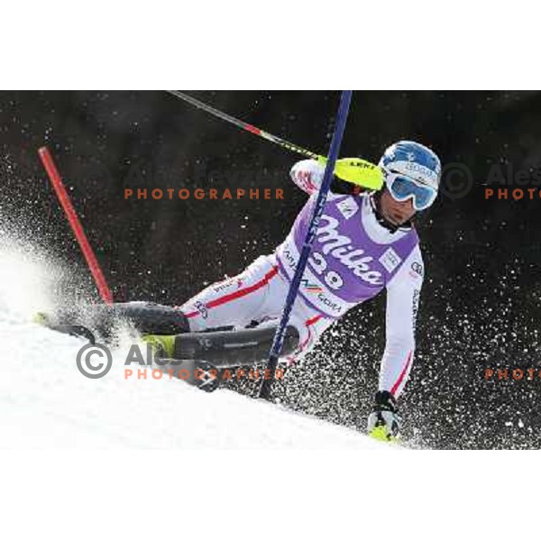 skiing in first run of Audi FIS Alpine Ski World Cup Slalom in Kranjska gora, Slovenia on March 11, 2012 