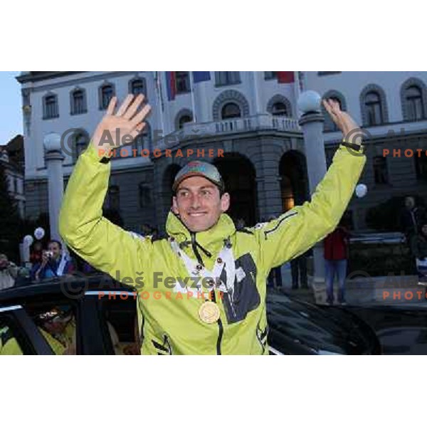 Jakov Fak of Slovenia with medals from World Biathlon Championships in Ruhpolding during reception for the fans at Congress Square in Ljubljana, Slovenia on March 12,2012 