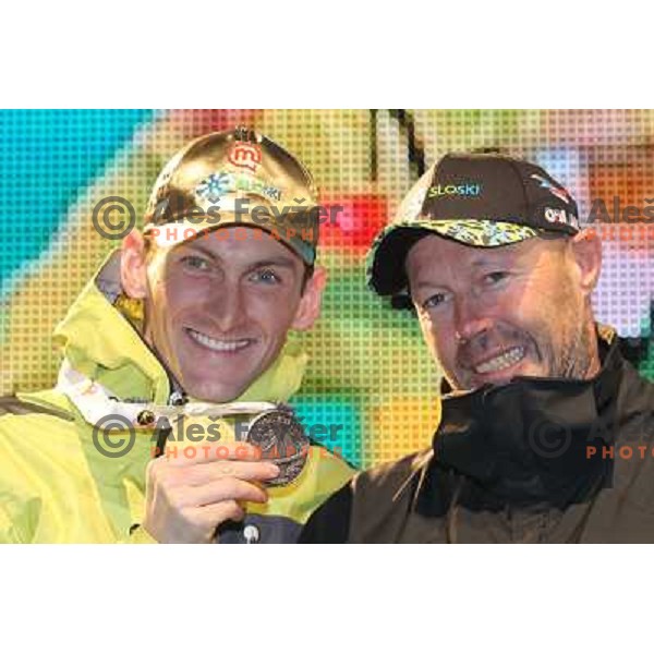 Jakov Fak, Uros Velepec of Slovenia with medals from World Biathlon Championships in Ruhpolding during reception for the fans at Congress Square in Ljubljana, Slovenia on March 12,2012 