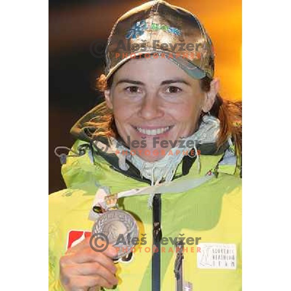 Andreja Mali of Slovenia with medals from World Biathlon Championships in Ruhpolding during reception for the fans at Congress Square in Ljubljana, Slovenia on March 12,2012 