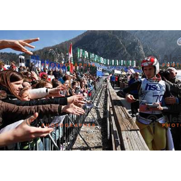 Robert Kranjec with fans during qualifications at 1st day of FIS Ski Jumping World Cup Finals Planica, March 15, 2012 in Planica, Slovenia. 