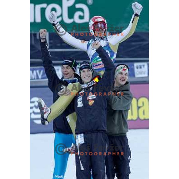 Jure Sinkovec, Jurij Tepes, Robert Kranjec and Jaka Hvala of Slovenia during FIS Ski Jumping World Cup Finals Planica, March 16 2012, Planica, Slovenia. 