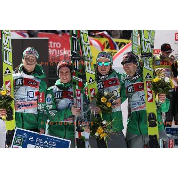 Rune Velta, Anders Fannemel, Bjoern Einar Romoeren and Anders Bardal of Norway second placed during team competition FIS Ski Jumping World Cup Planica 2012, on March 17, 2012, Planica, Slovenia. 