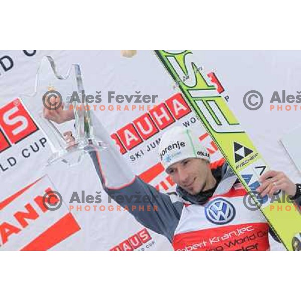 Robert Kranjec of Slovenia on third place during final competition of FIS World Cup Ski Jumping Planica in Planica, Slovenia on March 18, 2012 