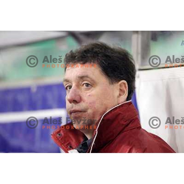 Bojan Magazin, head coach of Acroni Jesenice in action during first match of the Final of Slovenian ice-hocey Championships, played in Hala Tivoli, Ljubljana, Slovenia on March 26, 2012 