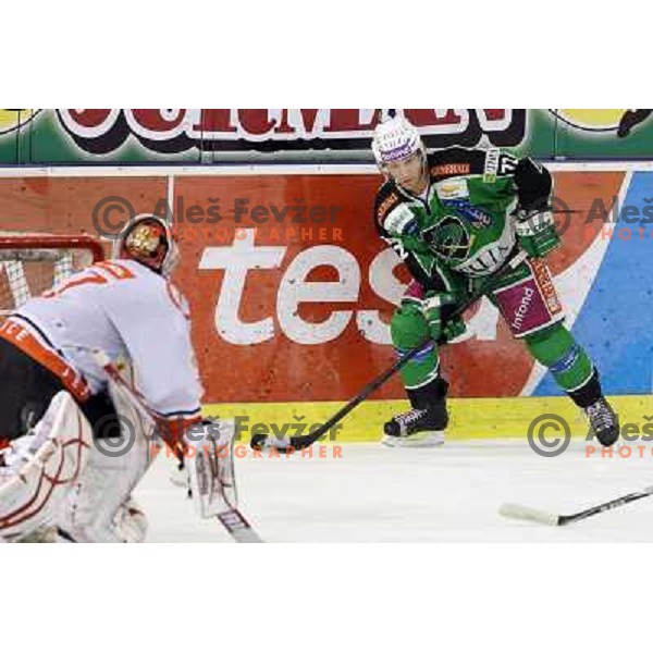 John Hughes of Olimpija in action during first match of the Final of Slovenian ice-hocey Championships, played in Hala Tivoli, Ljubljana, Slovenia on March 26, 2012 