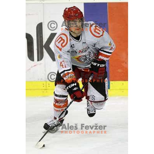 Matevz Erman of Acroni Jesenice in action during first match of the Final of Slovenian ice-hocey Championships, played in Hala Tivoli, Ljubljana, Slovenia on March 26, 2012 