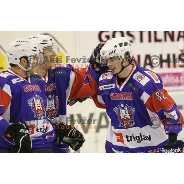 Robert Sabolic, Rok Ticar, Ziga Jeglic of Slovenia in action during friendly ice-hockey match Slovenia-Croatia in Hala Tivoli, Ljubljana, Slovenia on April 7, 2012 