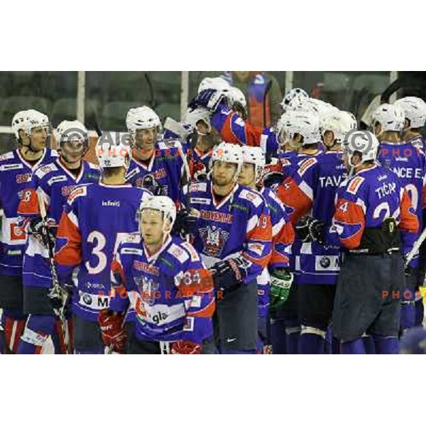 Ziga Pance, Ziga Jeglic, Mitja Robar of Slovenia in action during friendly ice-hockey match Slovenia-Croatia in Hala Tivoli, Ljubljana, Slovenia on April 7, 2012 