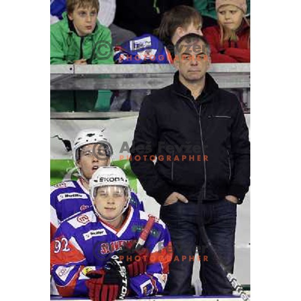 Anze Kuralt, Matjaz Kopitar, head coach of Slovenia in action during friendly ice-hockey match Slovenia-Croatia in Hala Tivoli, Ljubljana, Slovenia on April 7, 2012 