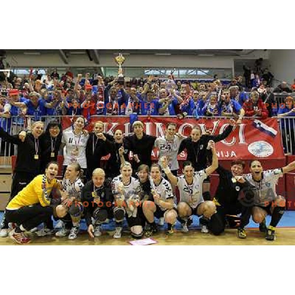 Sergeja Stefanisin and players of Krim Mercator celebrating victory in Slovenian handball Cup for women after beating Zagorje Gen I in Sports Hall Brezice, Slovenia on April 15, 2012 