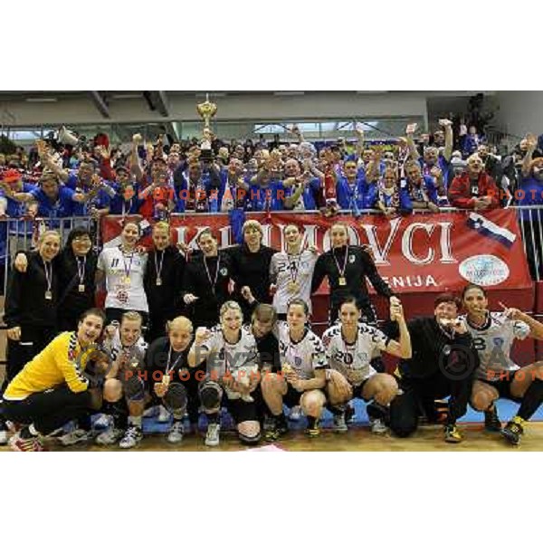 Sergeja Stefanisin and players of Krim Mercator celebrating victory in Slovenian handball Cup for women after beating Zagorje Gen I in Sports Hall Brezice, Slovenia on April 15, 2012 