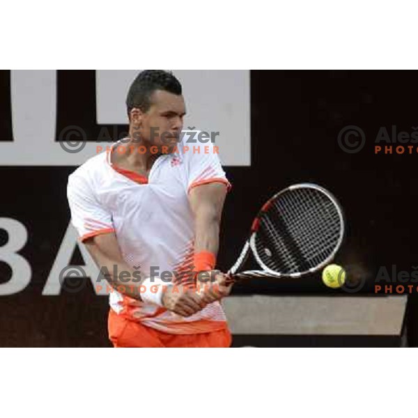 Jo-Wilfired Tsonga of France in action during Internazionali BNL d\'Italia, ATP tournament in Rome, Italy on May 17,2012 