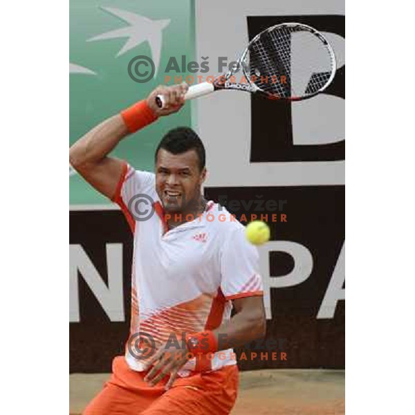 Jo-Wilfired Tsonga of France in action during Internazionali BNL d\'Italia, ATP tournament in Rome, Italy on May 17,2012 