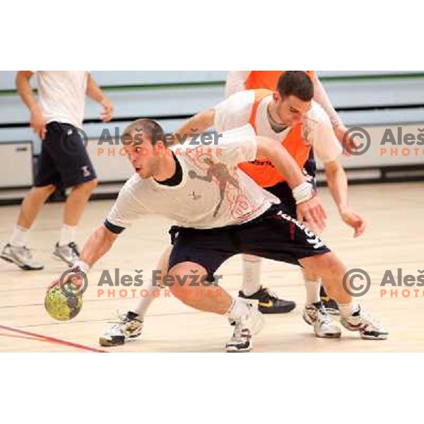 Players of Slovenia during practice session of Slovenia Handball team in Sports Hall Zrece, Slovenia on June 3, 2012 