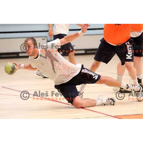 Players of Slovenia during practice session of Slovenia Handball team in Sports Hall Zrece, Slovenia on June 3, 2012 