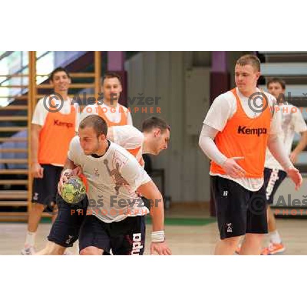 Players of Slovenia during practice session of Slovenia Handball team in Sports Hall Zrece, Slovenia on June 3, 2012 