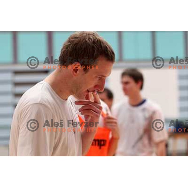 Players of Slovenia during practice session of Slovenia Handball team in Sports Hall Zrece, Slovenia on June 3, 2012 