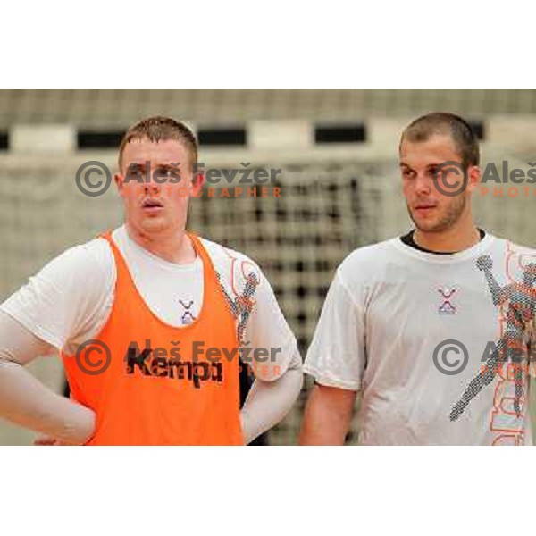 Players of Slovenia during practice session of Slovenia Handball team in Sports Hall Zrece, Slovenia on June 3, 2012 