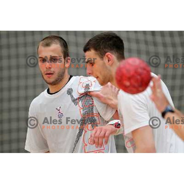 Players of Slovenia during practice session of Slovenia Handball team in Sports Hall Zrece, Slovenia on June 3, 2012 