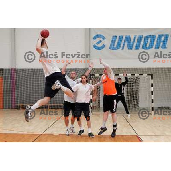 Players of Slovenia during practice session of Slovenia Handball team in Sports Hall Zrece, Slovenia on June 3, 2012 