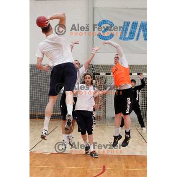 Players of Slovenia during practice session of Slovenia Handball team in Sports Hall Zrece, Slovenia on June 3, 2012 