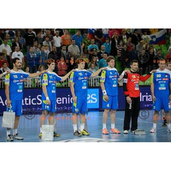 David Spiler, Sebastjan Skube, Jure Dolenc, David Miklavcic, Primoz Prost, Uros Zorman in action during handball game Slovenia- Portugal, Handball World championship 2013 Qualifier, Stozice Arena, Ljubljana, 09.06.2012 