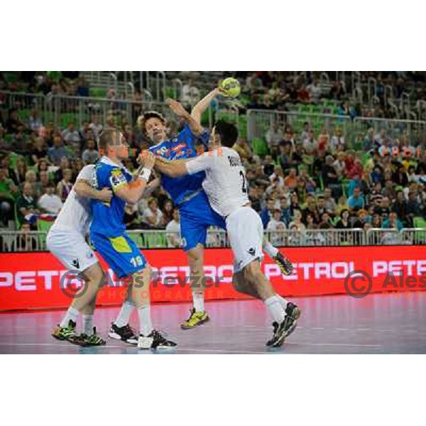 Luka Zvizej, Jure Dolenc in action during handball game Slovenia- Portugal, Handball World championship 2013 Qualifier, Stozice Arena, Ljubljana, 09.06.2012 