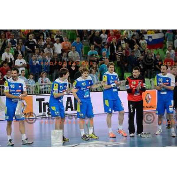 Slovenian team during handball game Slovenia- Portugal, Handball World championship 2013 Qualifier, Stozice Arena, Ljubljana, 09.06.2012 