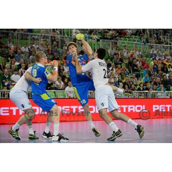 Miha Zvizej, Jure Dolenec in action during handball game Slovenia- Portugal, Handball World championship 2013 Qualifier, Stozice Arena, Ljubljana, 09.06.2012 
