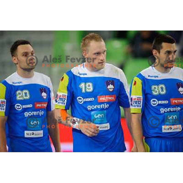 Luka Zvizej, Miha Zvizej, Dragan Gajic in action during handball game Slovenia- Portugal, Handball World championship 2013 Qualifier, Stozice Arena, Ljubljana, 09.06.2012 