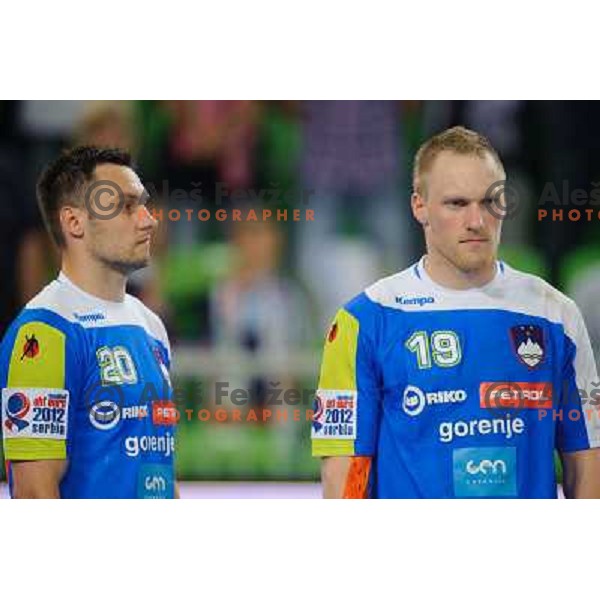 Luka Zvizej, Miha Zvizej in action during handball game Slovenia- Portugal, Handball World championship 2013 Qualifier, Stozice Arena, Ljubljana, 09.06.2012 