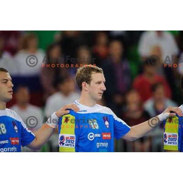 Uros Bundalo, Jure Susin in action during handball game Slovenia- Portugal, Handball World championship 2013 Qualifier, Stozice Arena, Ljubljana, 09.06.2012 