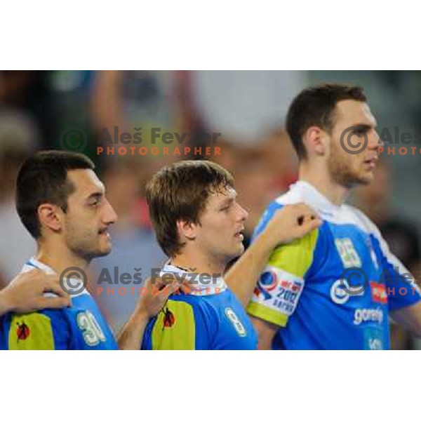 Dragan Gajic, Roman Bezjak, Borut Mackovsek in action during handball game Slovenia- Portugal, Handball World championship 2013 Qualifier, Stozice Arena, Ljubljana, 09.06.2012 