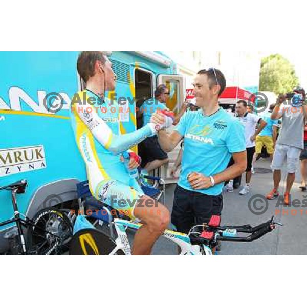Jani Brajkovic and Borut Bozic of Slovenia , members of professional cycling team team Astana after 19.Tour de Slovenie ( Dirka po Sloveniji) in Ljubljana on June 17, 2012. Jani Brajkovic won the race. 
