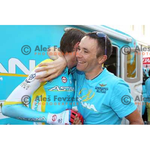 Jani Brajkovic and Borut Bozic of Slovenia , members of professional cycling team team Astana after 19.Tour de Slovenie ( Dirka po Sloveniji) in Ljubljana on June 17, 2012. Jani Brajkovic won the race. 