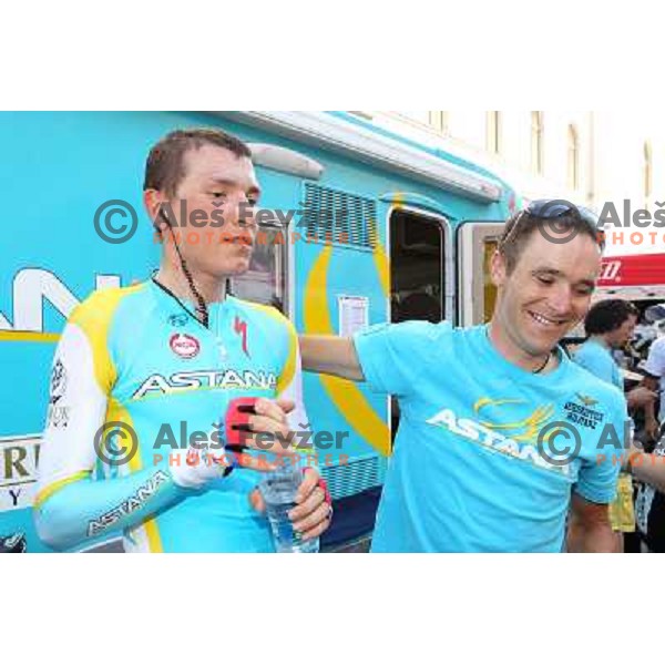 Jani Brajkovic and Borut Bozic of Slovenia , members of professional cycling team team Astana after 19.Tour de Slovenie ( Dirka po Sloveniji) in Ljubljana on June 17, 2012. Jani Brajkovic won the race. 