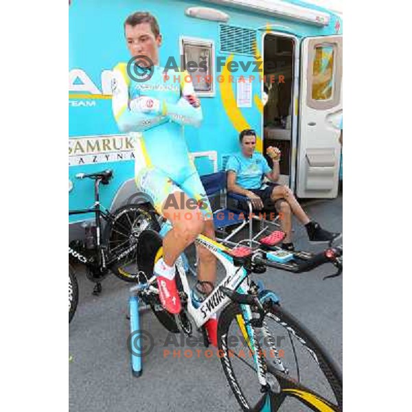 Jani Brajkovic and Borut Bozic of Slovenia , members of professional cycling team team Astana after 19.Tour de Slovenie ( Dirka po Sloveniji) in Ljubljana on June 17, 2012. Jani Brajkovic won the race. 