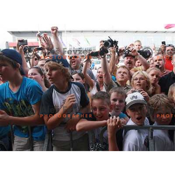 Fans of Anze Kopitar of Slovenia, LA Kings star player and winner of 2011-2012 NHL championships at Airport Jozeta Pucnika in Ljubljana, Slovenia on June 20, 2012 