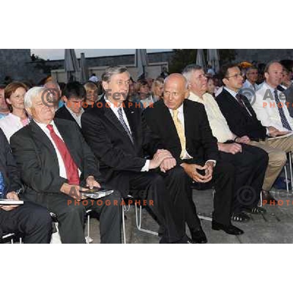 Milan Kucan, Dr. Danilo Turk and Dr. Janez Kocijancic at Gala night of Slovenian Olympic Committee and official public presentation of Slovenia Olympic team for London 2012 Summer Olympic Games at Ljubljana castle, Slovenia on July 6, 2012 