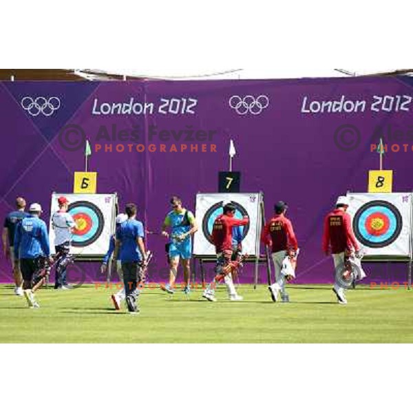 Klemen Strajhar of Slovenia in action during practice session in archery at Lord\'s Cricket ground during London 2012 Summer Olympic games, Great Britain on July 25, 2012 