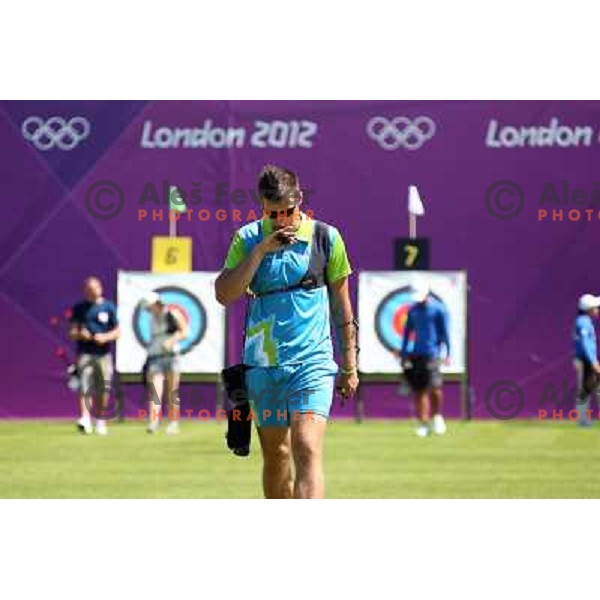 Klemen Strajhar of Slovenia in action during practice session in archery at Lord\'s Cricket ground during London 2012 Summer Olympic games, Great Britain on July 25, 2012 
