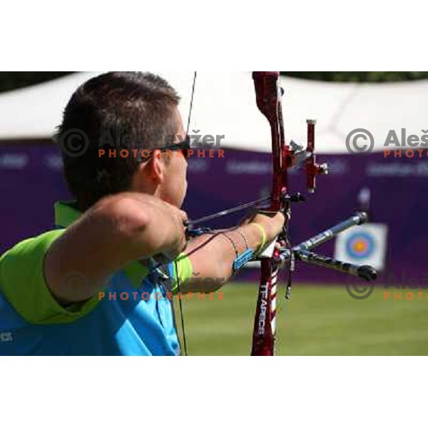 Klemen Strajhar of Slovenia in action during practice session in archery at Lord\'s Cricket ground during London 2012 Summer Olympic games, Great Britain on July 25, 2012 