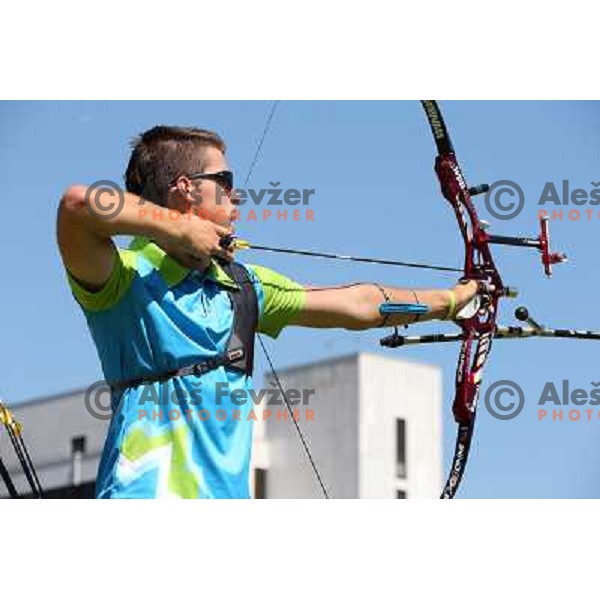 Klemen Strajhar of Slovenia in action during practice session in archery at Lord\'s Cricket ground during London 2012 Summer Olympic games, Great Britain on July 25, 2012 