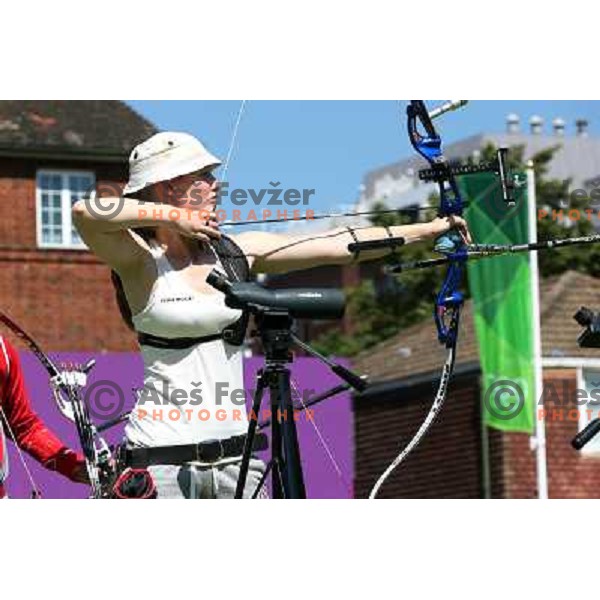 action during practice session in archery at Lord\'s Cricket ground during London 2012 Summer Olympic games, Great Britain on July 25, 2012 