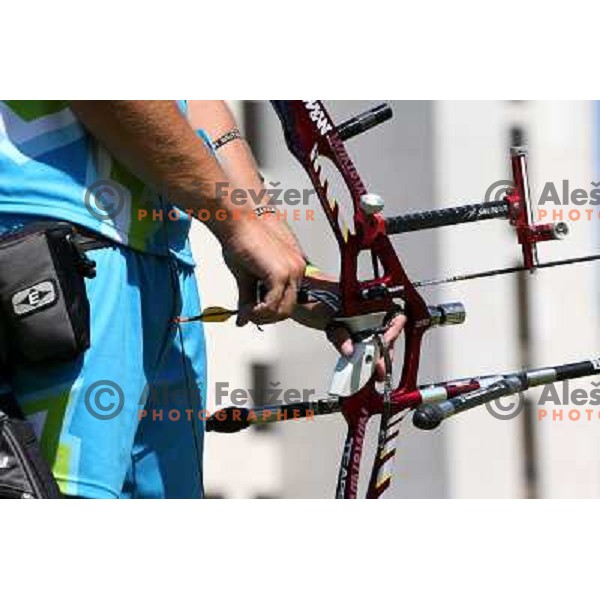 Klemen Strajhar of Slovenia in action during practice session in archery at Lord\'s Cricket ground during London 2012 Summer Olympic games, Great Britain on July 25, 2012 