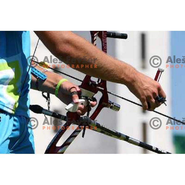 Klemen Strajhar of Slovenia in action during practice session in archery at Lord\'s Cricket ground during London 2012 Summer Olympic games, Great Britain on July 25, 2012 