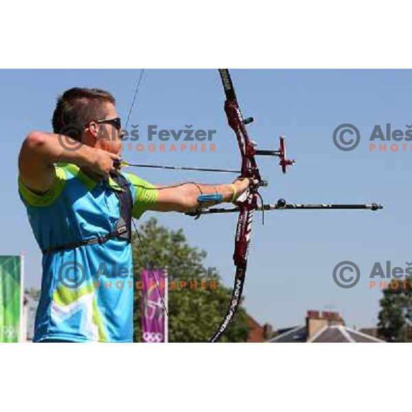 Klemen Strajhar of Slovenia in action during practice session in archery at Lord\'s Cricket ground during London 2012 Summer Olympic games, Great Britain on July 25, 2012 