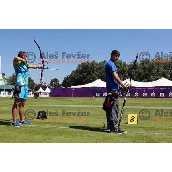 Klemen Strajhar of Slovenia in action during practice session in archery at Lord\'s Cricket ground during London 2012 Summer Olympic games, Great Britain on July 25, 2012 