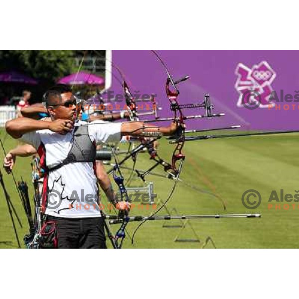 action during practice session in archery at Lord\'s Cricket ground during London 2012 Summer Olympic games, Great Britain on July 25, 2012 